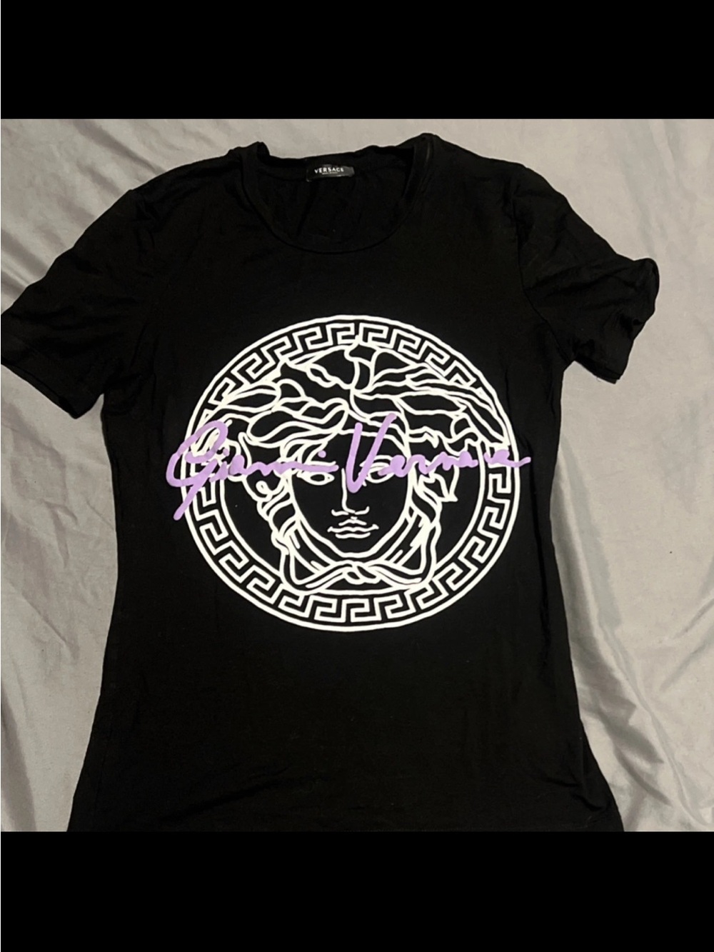 Versace Black Tee with White Medusa Crest and Lilac Script